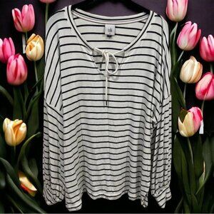 CAbi White and Black Striped Jersey Knit‎ Long Sleeve Tiefront Size M